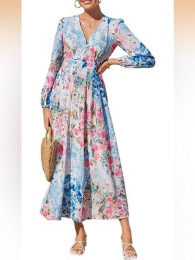Amazon Pastel Blue Floral Maxi Dress with Pink Accents